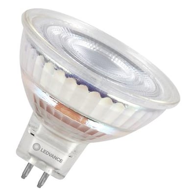 Ledvance LED MR16 pære med GU5,3 sokkel, 6,6W, 500lm, 3000K varmhvid og 36° spredningsvinkel på hvid baggrund.