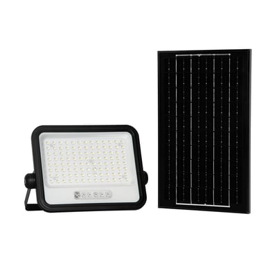 V-TAC 10 W solcelle-LED-projektør med sensor og separat solpanel, set forfra med sort ramme og hvide LED'er.