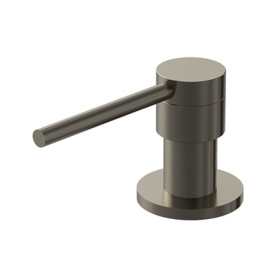 Lavabo Kubus sæbedispenser i mørk bronze med PVD-overflade, cylindrisk beholder og lang pumpearm.