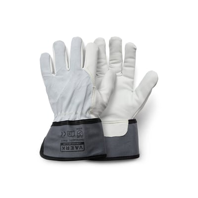Work Ultra arbejdshandsker i størrelse 11, fremstillet af kromgarvet okselæder med hvid læderoverdel og grå splitlæder manchet.