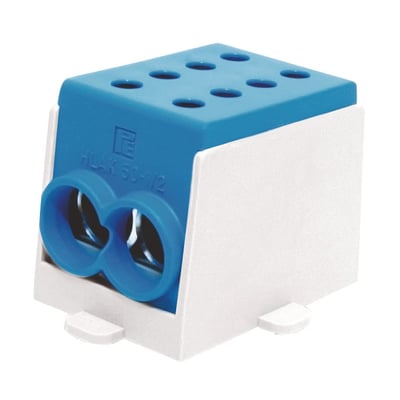 HLAK klemme 70-1/2 med blå top og hvid bund, viser to indgange for 70mm2 ledere og otte huller på toppen.