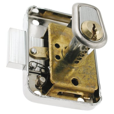 Ruko 1614 cylindrisk møbellås fra Assa Abloy i krom, set skråt med låsecylinder og indvendig mekanisme synlig.