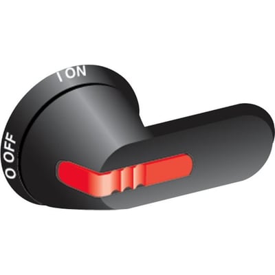 Nærbillede af ABB drejegreb OHB45J6 med tydelig I-On/0-Off mærkning i hvid skrift på sort baggrund og rød indikator.