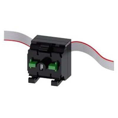 SIRIUS ACT terminal modul med integreret grøn LED og trykfunktion, sort plast, med tilslutningskabler.