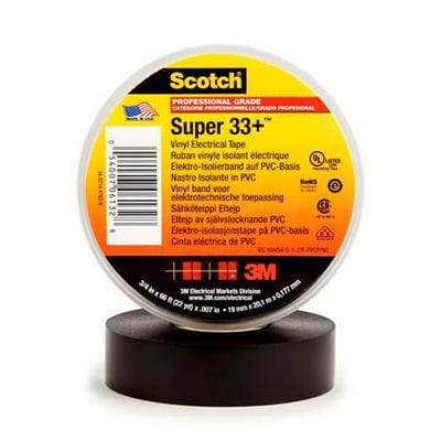 Scotch Super 33+ vinyl isoleringstape, sort, 38mm x 33m, professionel kvalitet til elektrisk brug.