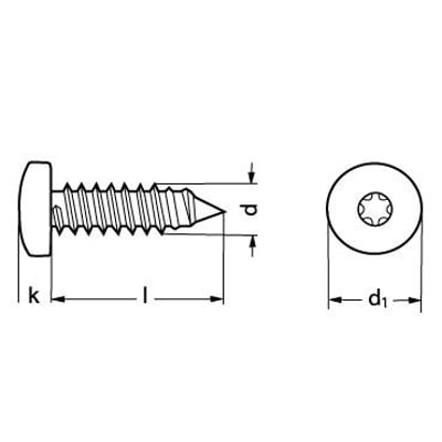 Teknisk tegning af 3,5x19 mm FZB-elgalvaniseret pladeskrue med panhoved og T-driv T15, der viser dimensioner som k, l, p og d1.