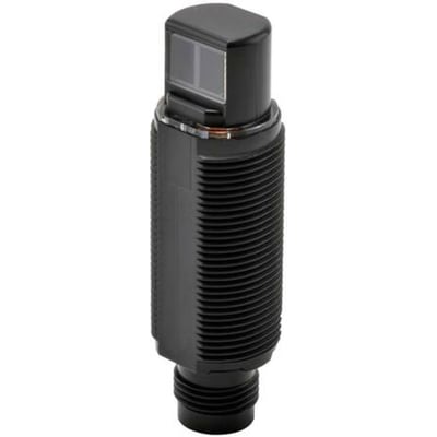 Omron E3RA-DP22 fotoelektrisk sensor med M18 gevind og radial konstruktion, sort plast og diffus rød LED.