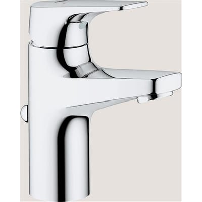 Grohe Start Flow håndvaskarmatur med etgrebsbetjening i skinnende krom, vist fra siden med tydeligt metalgreb og vandbesparende tud.