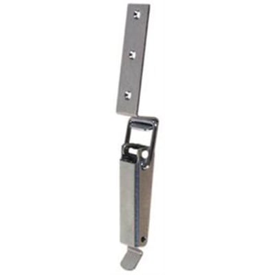 IPA Beslag spændebeslag 24671, 115 mm, med lang arm, låsestift og monteringsplade set forfra.