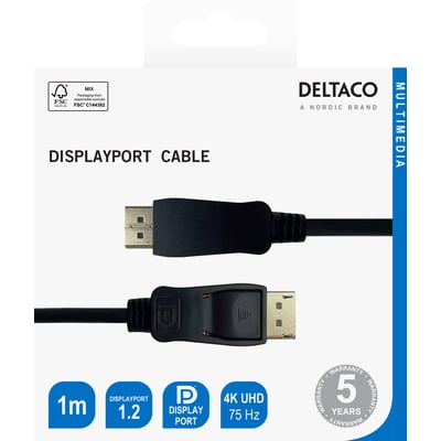 Emballagen til Deltaco DisplayPort 1.2-kabel, 1 meter, sort, viser kablets stik og understøttelse af 4K.