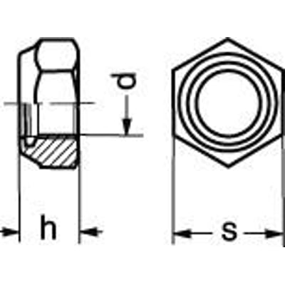 Tekniske tegninger af M12 Fzv låsemøtrik DIN 985 klasse 8, der viser dimensionerne h, s og p.