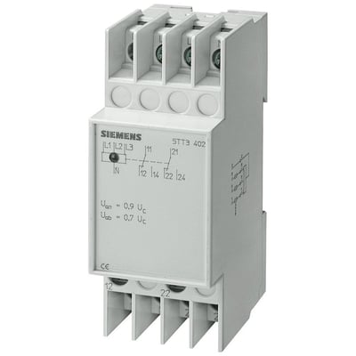Siemens 5TT3 underspændingsrelæ til 3-faset AC 230/400V, med 2 skiftekontakter og DIN-skinne montering.