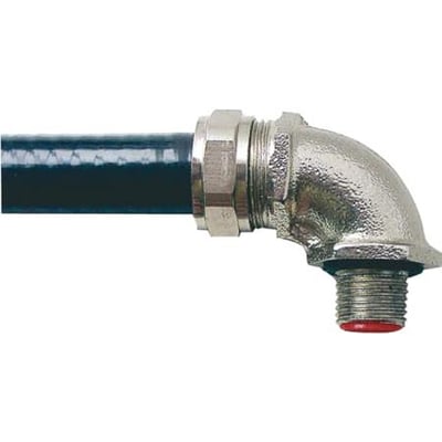 Thomas & Betts M20 90 graders forniklet stål fitting med ekstern han gevind forbundet til en sort slange.