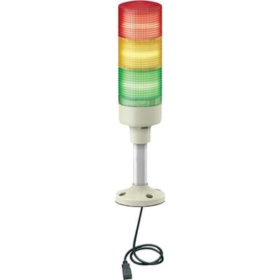 Schneider Electric lystårn Ø60 med USB og 3 multifarvede enheder (rød, gul, grøn) monteret på base med kabel.