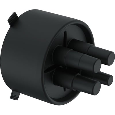 Uponor Ecoflex gummi endetætning med O-ring og spændebånd af rustfri stål, med fokus på det sorte gummi og fire rørudgange.