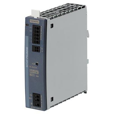 Siemens SITOP PSU6200 strømforsyning, 3.7 A NEC klasse II med 24 V output og input på 120-230 V AC/DC, vist isoleret.