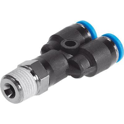 Festo Y-forskruning QSY-1/8-6 i sort plast med blå indstik og metalgevind, monteret på hvid baggrund.