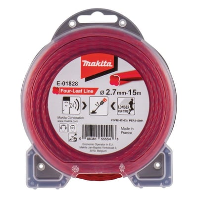 Makita E-01828 trimmertråd til græstrimmer i rød spoleemballage, 2,7 mm og 15 meter.
