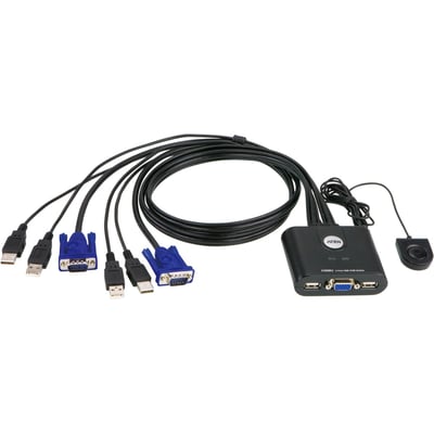 ATEN CS22U-AT KVM-switch til to computere med HD15- og USB-kabler samt separat skifteknap.