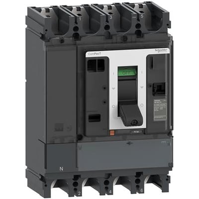 Schneider Electric ComPacT NSX500NA DC PV, 4-polet lastadskiller i mørkegrå og hvid med grøn OFF-indikator.