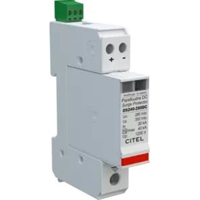Type 2 DC SPD transientbeskyttelse, 280VDC, 2-polet Citel DS240 modul med grønne terminaler og rød markering.