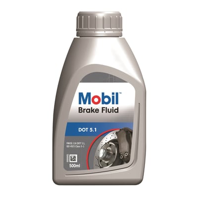 Mobil Brake Fluid DOT 5.1, 500ml flaske med grå kapsel, viser bremsekaliber og skive på etiketten.