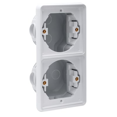 Niko 2-modul indmuringsdåse til lodret montering, vist forfra med hvid slagfast og gennemfarvet plast.