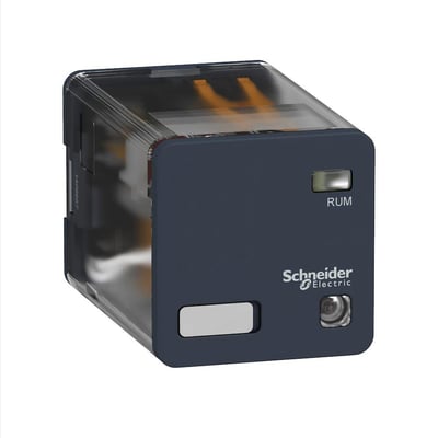 Schneider Electric RUMC stikbensrelæ med 2 CO kontakter, 10A mærkestrøm og 120V AC spænding. Relæet er i mørkeblå plast med transparent top og tydelig 'Schneider Electric' logo.