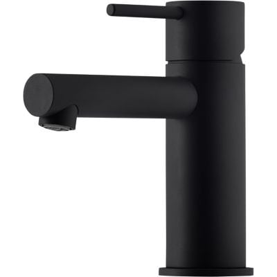 Mora Inxx II Sharp Small håndvaskarmatur i mat-sort messing med 1-grebs betjening og lang tud på hvid baggrund.