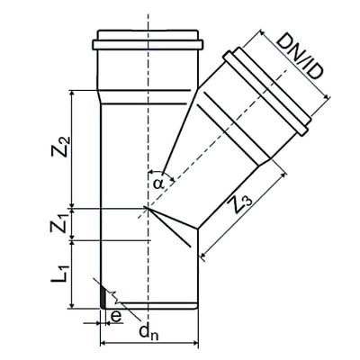 Diagram over Nicoll HT-PP grenrør med dimensioner og vinkler, Ø50 mm, 45°.
