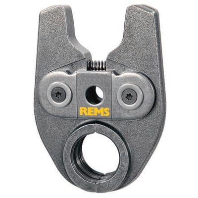 REMS pressbakke mini V 35 mm i metal med REMS logo i gul, viser den specielle V-form.