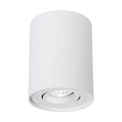 Hvid, rund og kipbar SpectrumLED Chloe GU10-loftspot med påmonteret, cylindrisk hus og synlig fatning.