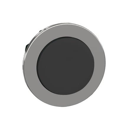 Schneider Electric Harmony XB4/ZB4 flush trykknaphoved, sort ophøjet trykflade med poleret metalramme, isoleret på hvid baggrund.