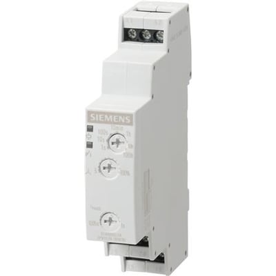 Siemens tidsrelæ i hvidt plast med stjerne-trekant-funktion, 2 skiftekontakter og 7 tidsindstillinger fra 0,05 sekunder til 100 timer.