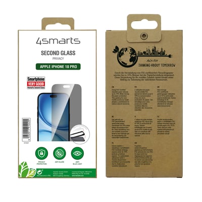 Emballagen til 4smarts Second Glass Privacy viser skærmbeskyttelse til Apple iPhone 18 Pro samt produktets bagside.