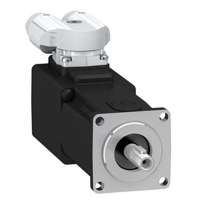 Schneider Electric servo motor SH3 040 med 0,34Nm, akse med not og 90° stik, IP54/IP65 tæthedsklasse.