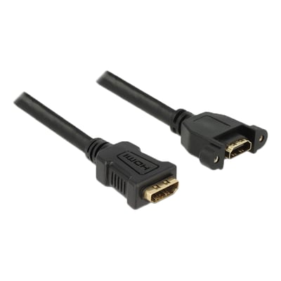 Sort Delock HDMI-kabel på 1 meter med HDMI-A-hunstik i begge ender, hvor det ene er til panelmontering.