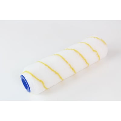 Hvid Roliba Vestan-valse med gule striber og blå endering, Ø8 mm og 25 cm lang.