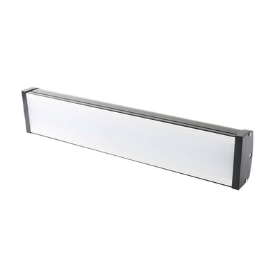 V-TAC lineær highbay 100W i sort aluminium med hvid diffusor, vist på hvid baggrund med en let skygge.