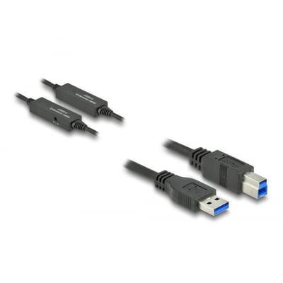 DeLock Aktivt USB 3.2 Gen 1 kabel, 10 meter, viser USB-A og USB-B stik samt to signalforstærkere i sort.