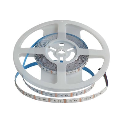 V-TAC LED stribelys på en hvid rulle med 120 LED/meter og RGB farver, 5 meter, 8 mm bredde, 24V.