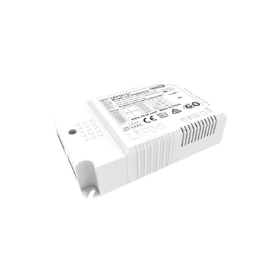 Hvid Lifud LF-GSD040YC 45 W 5i1 LED-driver til LED-paneler med rillet kabinet og mærkning på oversiden.
