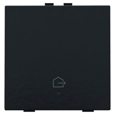 Niko forlad hjem tryk i mørkegrå bakelit med tydeligt hus-symbol og diskret LED-lys, vist tæt på.