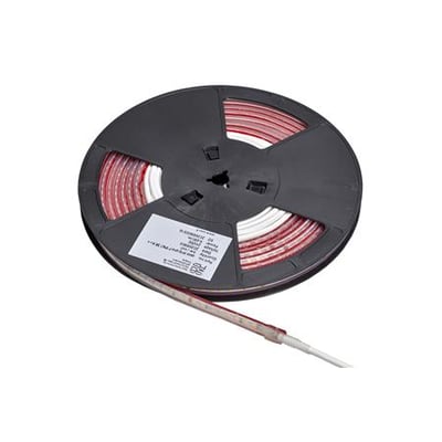 Vandtæt LED-strip 2,7K på en sort spole med en hvid etiket, ideel til indendørs og udendørs brug.