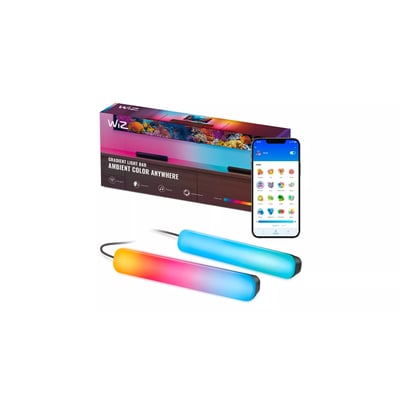 WiZ Gradient Light Bar 30cm pakke med illustration og app-skærm, viser to sorte lysbarer med RGBIC-farver.