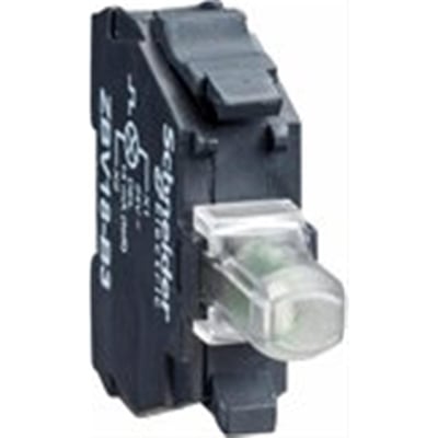 Nærbillede af Schneider Electric LED lysmodul, viser skrueklemme og mærkning med "ZB V18.03" og Schneider Electric logo.