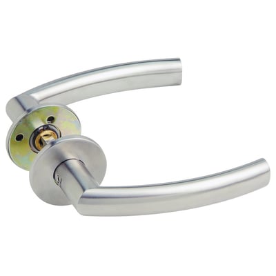 Assa Abloy Sweden 19 RS-dørgreb i børstet stål med runde rosetter, vist fra begge sider.