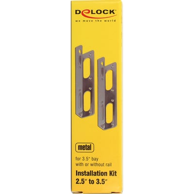 Gul emballage til DeLock installationskit, 2,5″ til 3,5″, med illustration af beslag og produktbetegnelse.