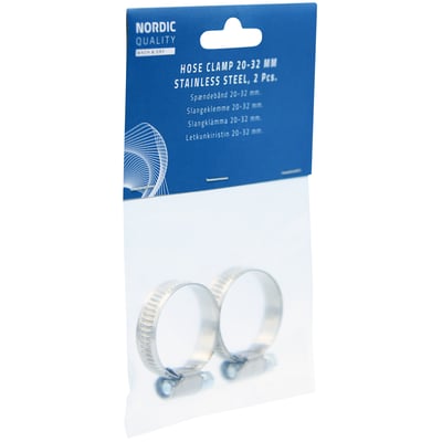 Nordic Quality slangeklemme 20-32 mm i rustfrit stål, 2 stk. i emballage med produktinformation.