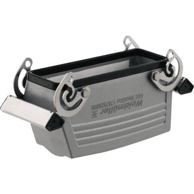 Weidmüller kabelhus størrelse 8 til 1xPG29 med to fastgørelsesbøjler, vist fra siden i gråt metal.